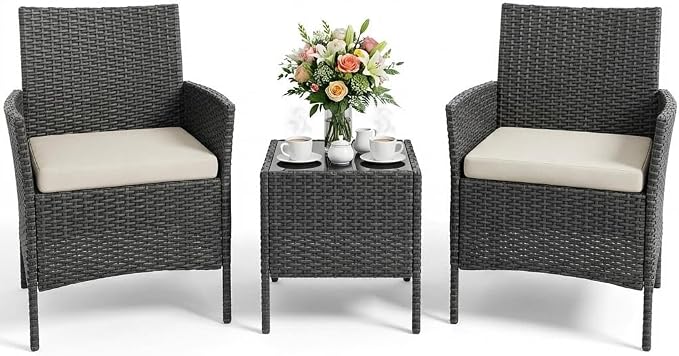 3PCS Outdoor Patio Bistro Set, PE Wicker Armchairs with Coffee Table, Beige