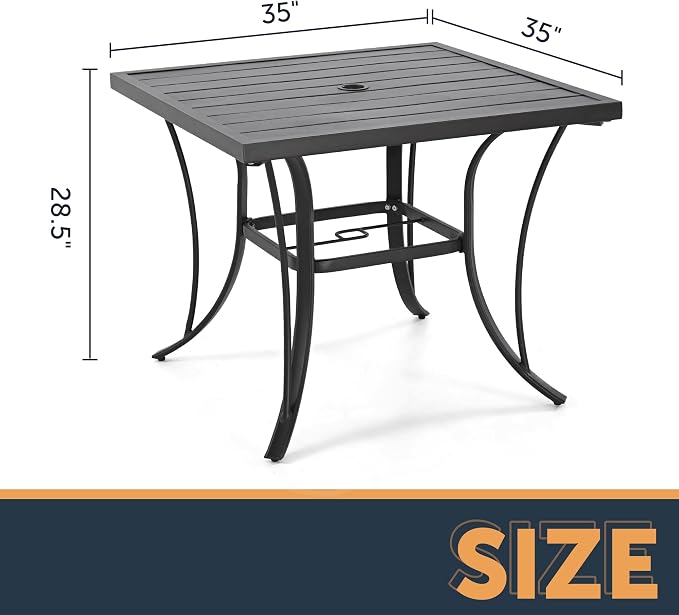 HAPPATIO Patio Dining Table, 4 Person Black Square Patio Backyard Furniture Table，Metal Steel Slat Dining Table with Umbrella Hole Dia 2"（35" x 35" x 28.5"）