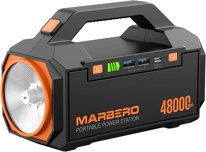 MARBERO Portable Charger Power Bank 48,000mAh Emergency 177.6Wh Portable Power Station, Fast Charging USB-C 60W PD Bright LED Flashlight & Panel for Travel, Camping, Business Trips & Outages