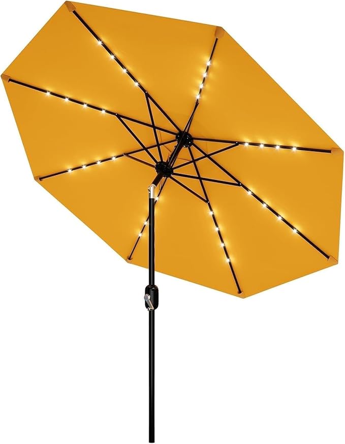 Garvee 9/10 FT Solar Patio Umbrella with 32 LED Lights - Outdoor Table Umbrella with Crank Lift, Push Button Tilt and 8 Sturdy Ribs - Market Umbrella UV Protection for Pool, Deck, Yard, Garden