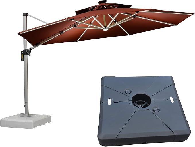 PURPLE LEAF 12ft Patio Umbrella With Base Solar powered LED Cantilever Umbrella with LED lights Windproof Outdoor Offset Umbrella for Garden Deck Pool Patio, Brick Red