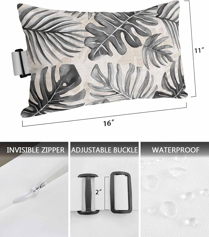 Pack of 4 Outdoor Lumbar Pillow Covers 11x16 Inch, Balck Monstera Deliciosa Waterproof Throw Pillow Covers Set, Summer Botanical Tropical Vintage Decorative Cushion Cases for Patio Porch Car