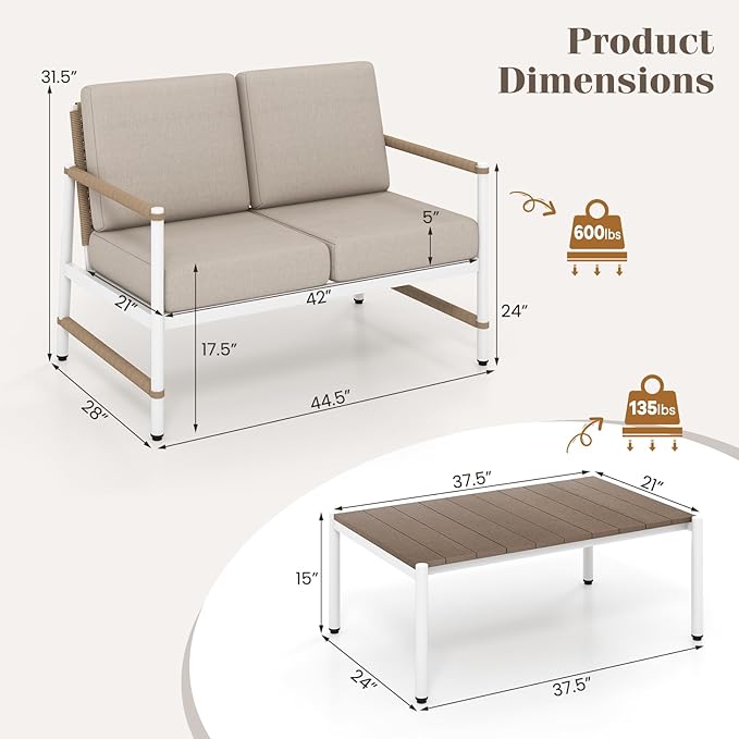 Tangkula 2 Pieces Patio Furniture Set, Outdoor Aluminum Conversation Set with Thick Cushions, Patio Loveseat Sofa with Coffee Table, Modern Bistro Set for Poolside, Deck, Yard