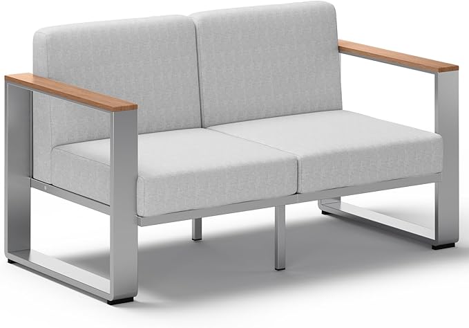 Aluminum Outdoor Patio Furniture, 1 Piece Loveseat, All-Weather Outside Sofa for Deck, Porch (Teak-Gray)
