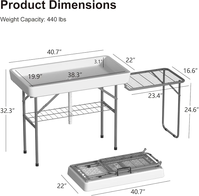Folding Ice Cooler Table with Metal Side Desktop, Skirt &Drain Hose to Keep Drinks Cool, 4 Foot Portable Self-Serving Beverage Cooling Bar with Metal Shelf for Party, BBQ, Camping Picnic, White