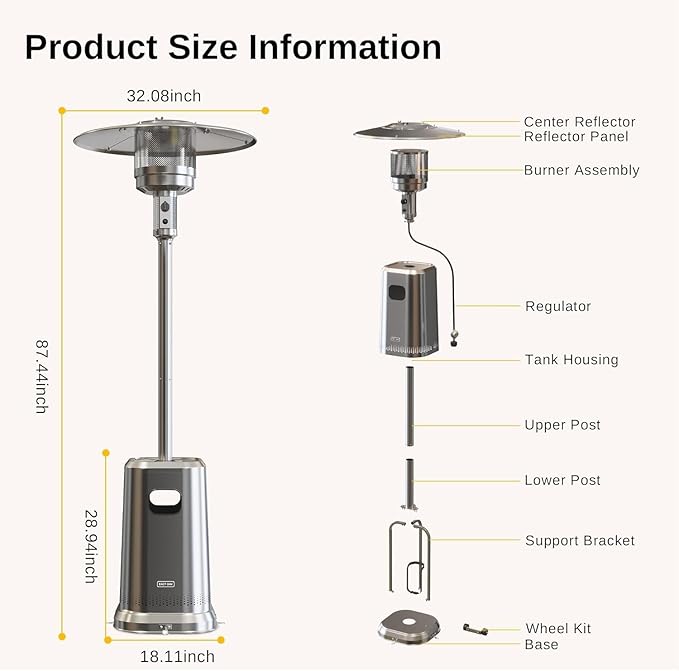 EAST OAK Anti-rust 50,000 BTU Patio Heater for Outdoor Use With Double-Layer Stainless Steel Burner, Round Table Design and Wheels, Outdoor Patio Heater for Home and Commercial, Stainless Steel