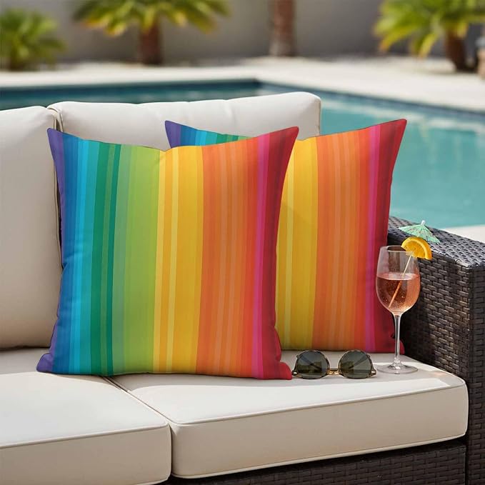 Colors Striped Outdoor Pillow Covers Set of 2 Rainbows Gradients Yellow Red Abstract Waterproof Throw Pillow Cover Decorative Cushion Cases for Patio Porch Garden 18X18 Inch