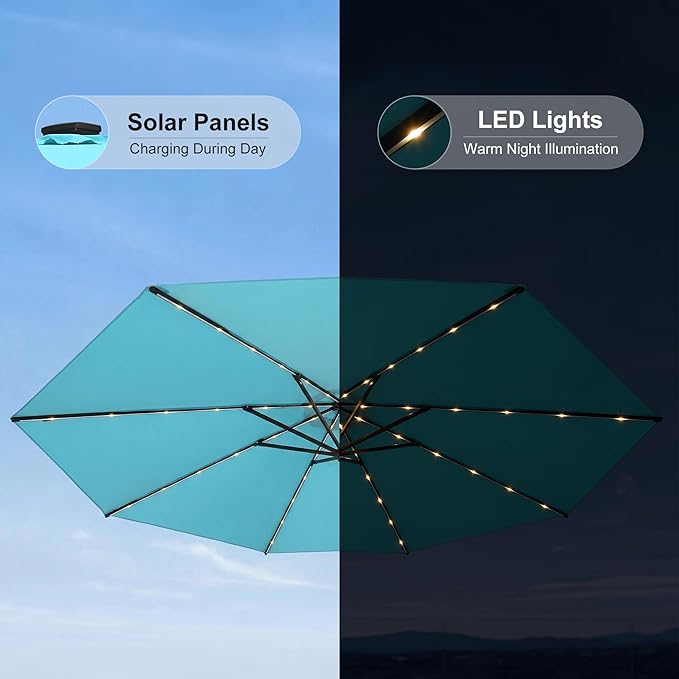 PURPLE LEAF 10' Round Patio Umbrella with Solar LED Outdoor Table Umbrella Aluminum Frame Market Umbrella with 8 Sturdy Ribs & Tilt for Garden Deck Lawn Pool Turquoise Blue