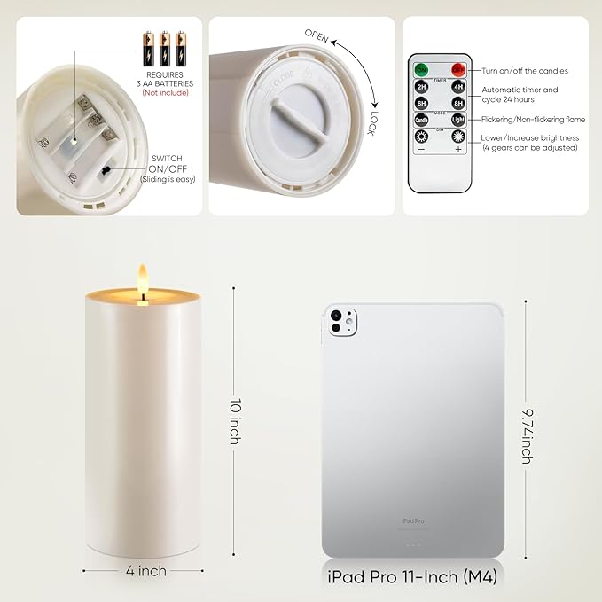 Raycare 4'' X 10'' Large Waterproof Outdoor Flameless Candle, Battery Operated LED Candles with Remote Control and Timer, Electric Fake Plastic Pillar Candles, Ivory