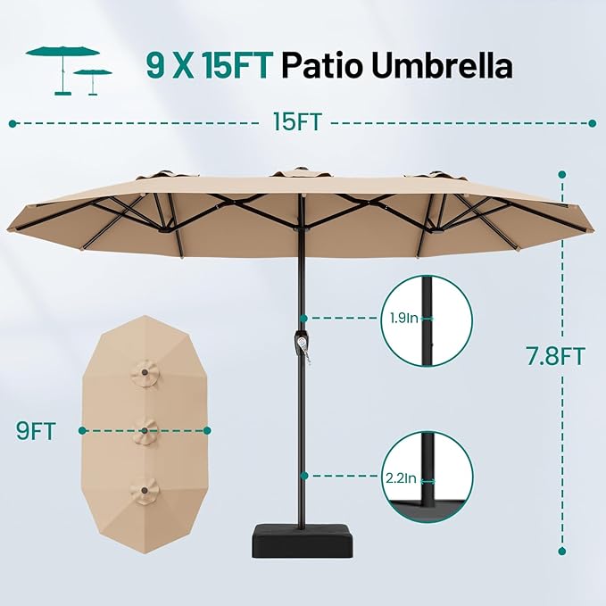 AreShark 15FT Outdoor Patio Umbrella with Crank, Large Rectangular Market Umbrella, Double-Sided Outdoor Umbrellas with Cross Base & Sandbag for Porch, Lawn, Pool, Backyard, Beige