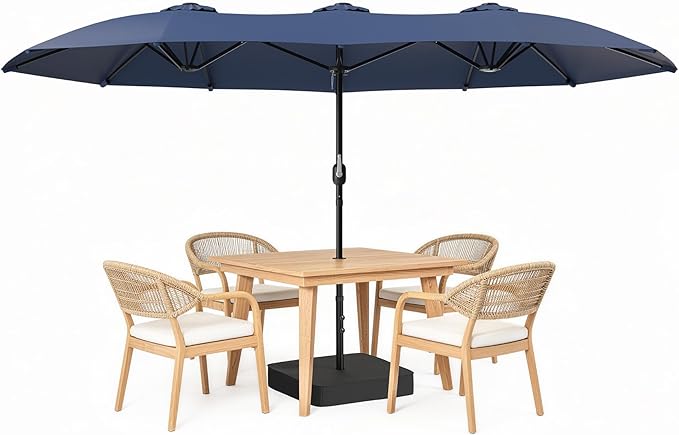 HOPERAN 15FT Patio Umbrella with Base Included, Large Outdoor Double-Sided Rectangle Table Umbrella with Easy Crank Lift, Market Umbrella for Backyard, Pool&Garden