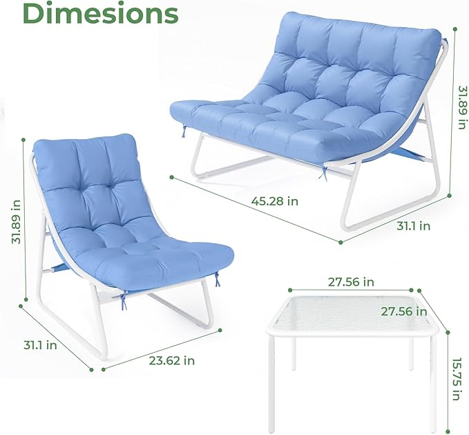 Patio Furniture Set, 4-Piece Outdoor Patio Conversation Set with Cushions & Glass Coffee Table, 2-in-1 Metal Patio Sofa Sets for Backyard, Garden, Porch, Poolside, White & Blue