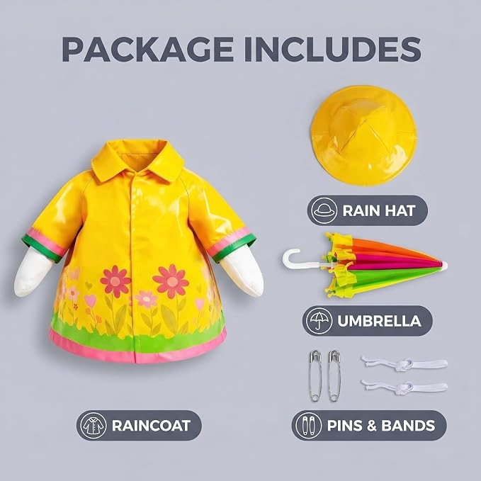 Funny 3-Piece Raincoat Porch Goose Outfits, Yellow Floral Raincoat, Rainbow Umbrella & Sun Hat, Lawn Goose Costume Set for 23" Statue, Summer Yard Goose Clothes Set, Outdoor Patio Garden Decoration