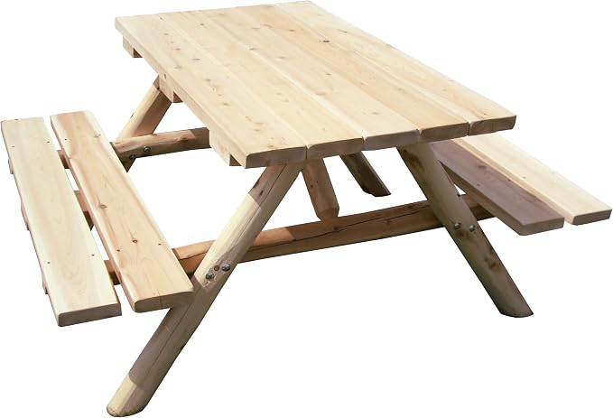 Furniture Barn USA White Cedar Log 4' Picnic Table with Attached Benches