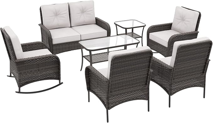 COOS BAY Vintage Courtyard Patio Furniture Set, Wicker Outdoor Furniture, Patio Conversation Sets, 2 Chairs, 2 Rocking Chairs, Loveseat, Coffee Table and Side Table, 7 Pieces, Gray/Beige