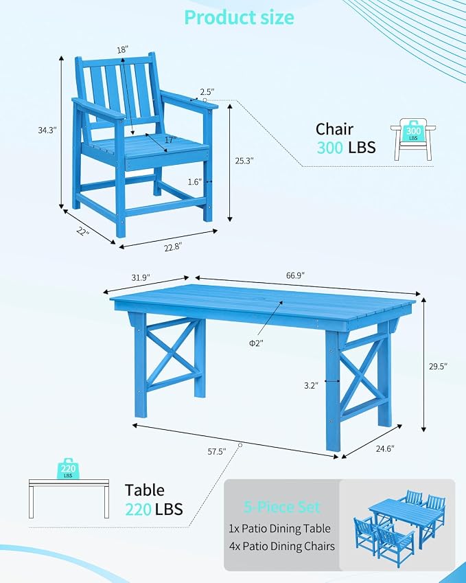 5-Piece Patio Table Set, Outdoor HDPE Dining Furniture Set with Umbrella Hole All Weather Table and 4 Chairs for Lawn, Garden, Poolside, Backyard, Blue