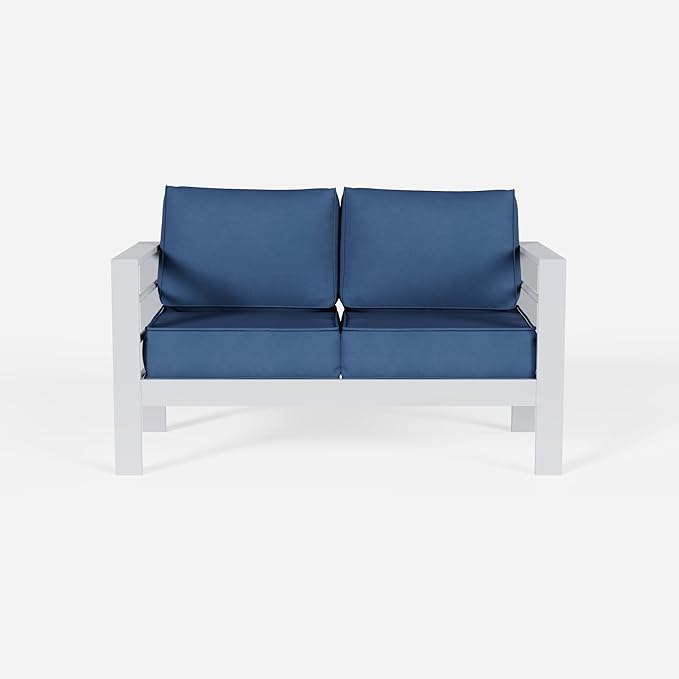 Aluminum Patio Furniture Set, Loveseat Outdoor Set with 5 Inch Cushions, Patio Loveseat Sets with Waterproof Covers for Backyard Garden(White&Blue)