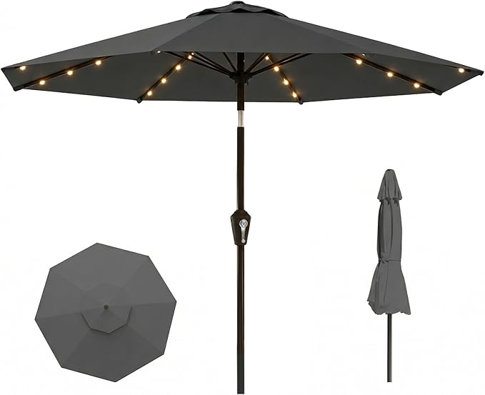 11FT Solar Lighted Patio Umbrella, Outdoor Table Market Umbrellas with Crank Lift, 32 LED Lights, 8 Sturdy Ribs, UV-Resistant for Deck, Garden, Pool