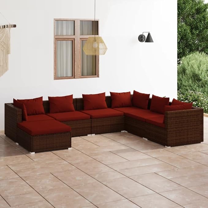 7 Piece Patio Lounge Set with Cushion, Outdoor Patio Sectional Piece Patio Set Furniture Conversation Sets Patio Lounge Set s Poly Rattan Brown