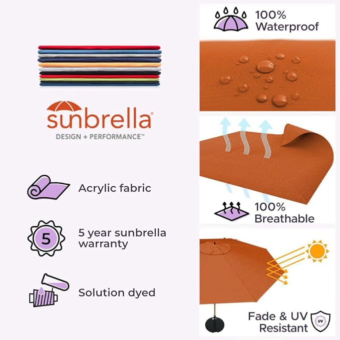 Midtown Umbrellas The LED Swilt 10 Feet Patio Umbrella With Sunbrella Terracotta Acrylic Fabric - Auto-Tilt Aluminum Frame With LED Lights For Backyard, Deck, Garden, Pool - Black Pole