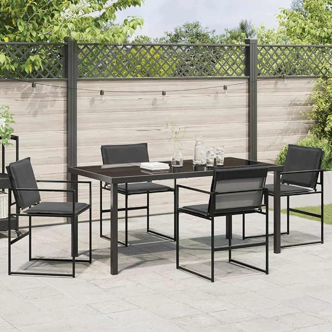 5-Piece Outdoor Dining Set, Modern Patio Furniture with Tempered Glass Table and 4 Textilene Chairs for Garden Backyard Balcony