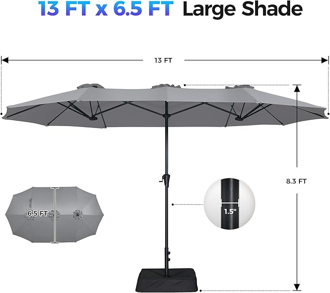 SUPERJARE 13FT Outdoor Patio Umbrella with Base Included, Double Sided Pool Umbrellas with Fade Resistant Canopy, Large Table Umbrella for Deck, Market, Backyard - Gray