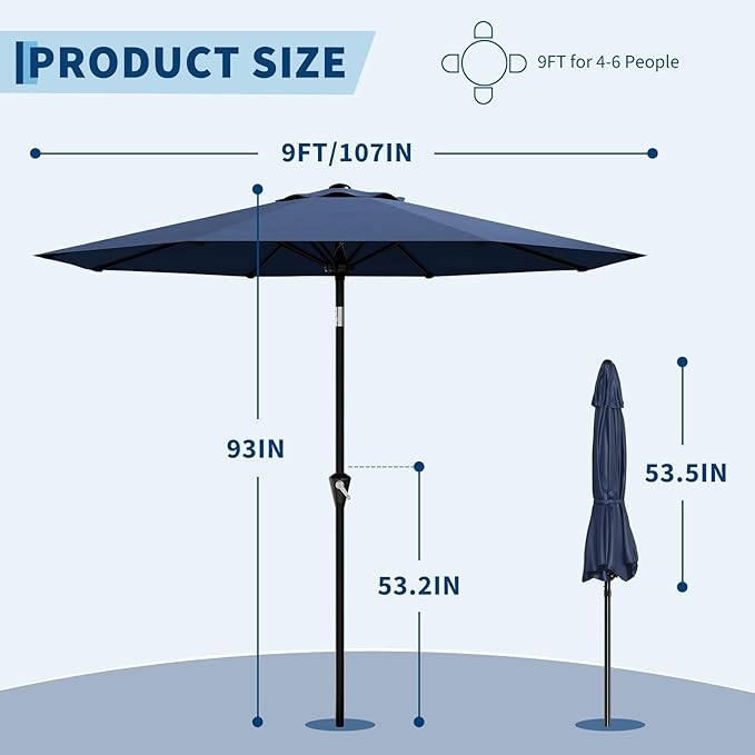 Garvee 9FT Patio Umbrella - Outdoor Table Umbrella with Smooth Crank Lift, Push Button Tilt and 8 Sturdy Ribs - Market Umbrella UV Protection Waterproof for Pool, Deck, Yard, Garden