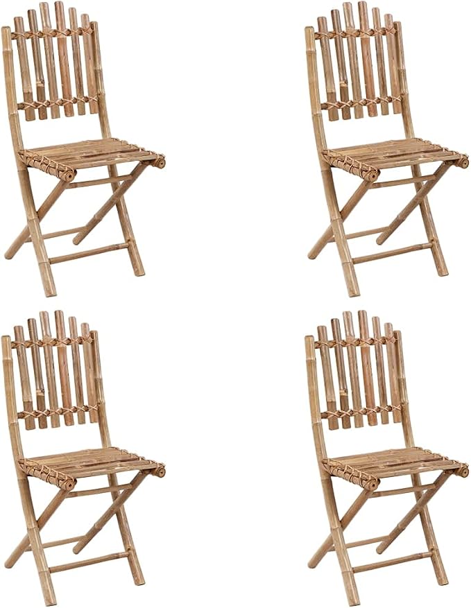 5 Piece Bamboo Folding Patio Dining Set with Cushions, Round Outdoor Table and 4 Foldable Chairs for Backyard Balcony and Porch, Rustic Wood Bistro Furniture Set