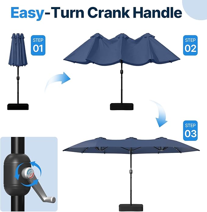 Suteck 15FT Patio Umbrella with Base & Solar Lights Included - Double-Sided Outdoor Large Umbrella with & Crank Handle, UV & Fade Resistant Canopy for Poolside, Backyard, Deck and Market, Dark Blue