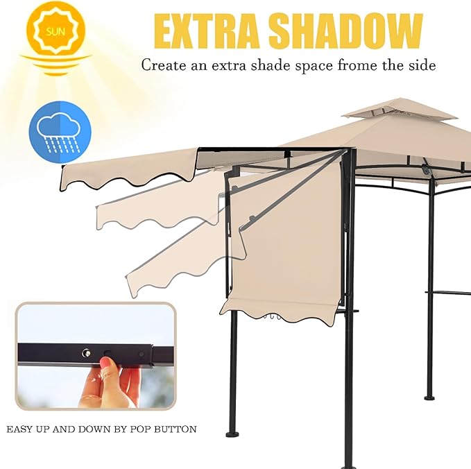 FAB BASED 5x8 Grill Gazebo with Extra Awning, All-Weather Steel Construction, Double Tiered & Resistant Canopy Roof, Metal Serving Shelves, 2 LED, Bottle Opener for Patio, Backyard, BBQ (Khaki)