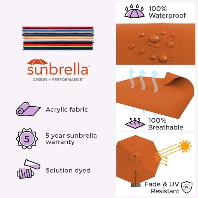 Midtown Umbrellas 10 Ft Outdoor Cantilever Patio Umbrella w/Sunbrella Terracotta Fabric - Tilt 360° Rotate Offset Patio Umbrella, Deck Patio Umbrella, Backyard Umbrella & Garden Umbrella - Black Frame