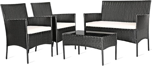 HAPPYGRILL 4PCS Patio Furniture Set Rattan Wicker Conversation Set Outdoor Patio Table Chair Set Wicker Sofas and Coffee Table Set for Garden Lawn Poolside