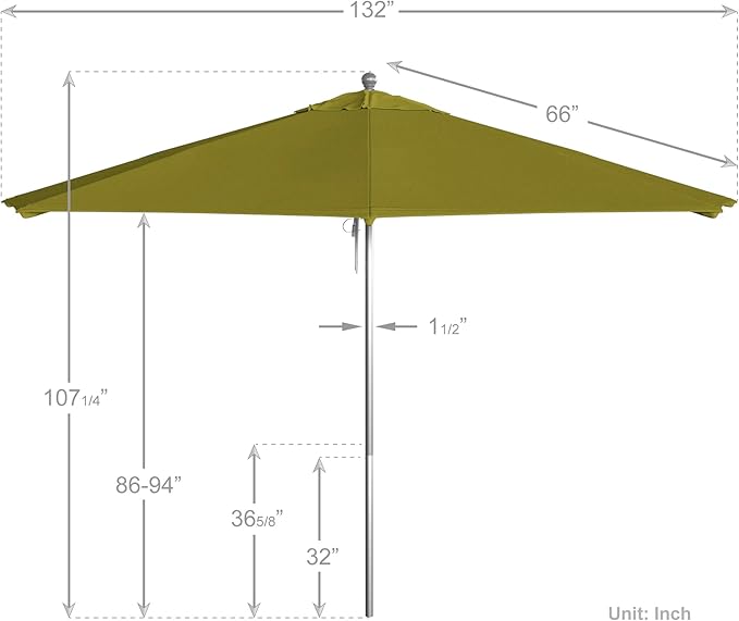 California Umbrella 11Ft Commercial Grade Sunbrella Fabric Market Umbrella, Pulley Lift, Aluminum/Fiberglass, 2mm pole wall, Silver Frame, Macaw Fabric