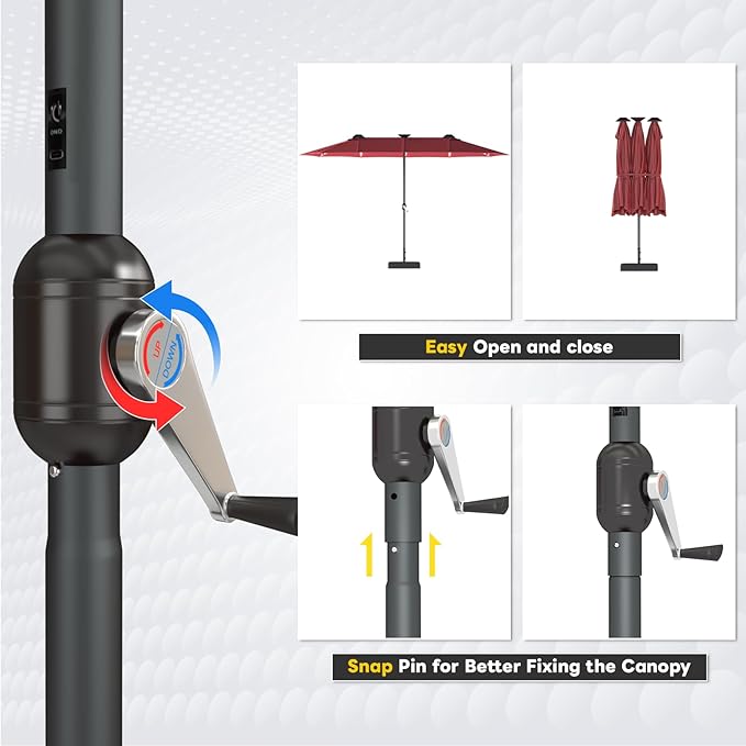 AECOJOY 15ft Double-Sided Patio Umbrella with Solar Lights, Outdoor Rectangle Market Large Patio Umbrella with Base Include, Crank Handle, 156 PCS LED Lights for Garden Deck Pool in Red (1.9" Pole)