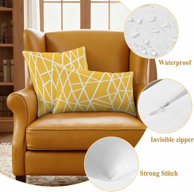 Outdoor Pillow Covers Waterproof, Yellow Geometric Decorative Square Throw Pillowcases Patio Cushion Covers for Tent/Garden, 24" x 24" 2 Pack, Abstract Stripes Modern Minimalist
