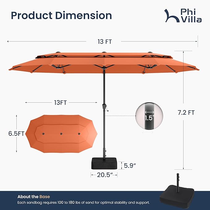 PHI VILLA 13ft Large Patio Umbrellas with Base Included, 2-Tier Double-Sided Outdoor Market Rectangle Umbrella for Outside, Orange Red