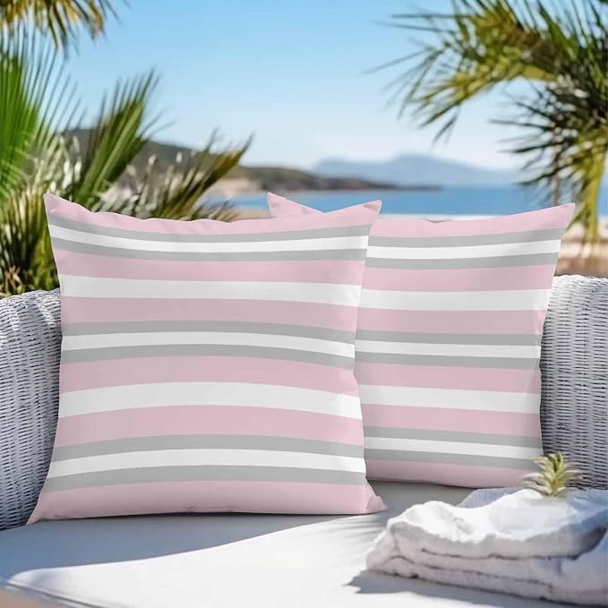 Throw Pillow Covers 26x26 Inch Set of 2, Pink Grey Stripe Waterproof Outdoor Pillow Covers, Minimalist Farmhouse Striped Decorative Cushion Pillowcases for Couch, Sofa, Bed, Garden, Patio