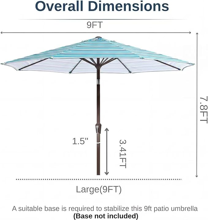 9ft Patio Umbrella with Push Button Tilt and Crank,Outdoor Market Table Umbrella UV Protection 8 Sturdy Ribs for Backyard,Garden,Pool,Deck(Blue Green Stripes)