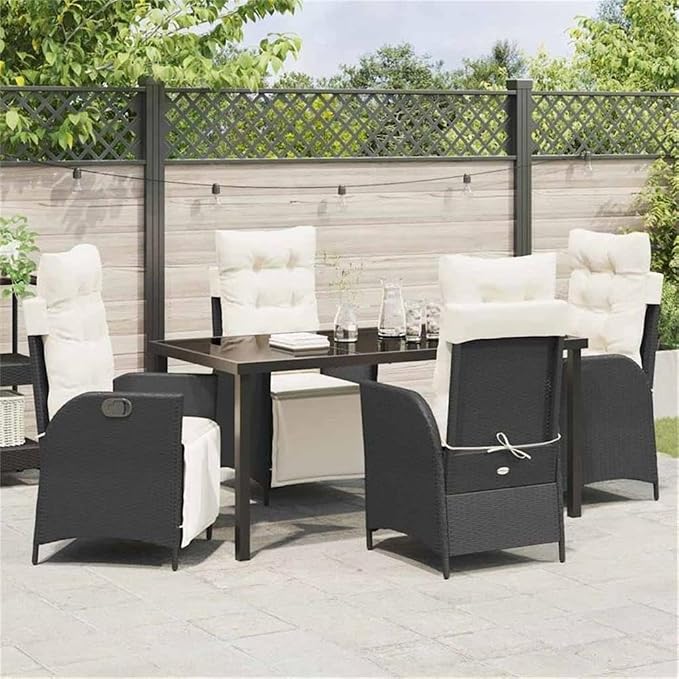 Afuera Living 5 Piece Poly Rattan Patio Dining Set, Black, Adjustable Footrests, Cushioned Polyester Seat Pads, Tempered Glass Tabletop, Modern Outdoor Furniture for Garden, Terrace, or Backyard Use