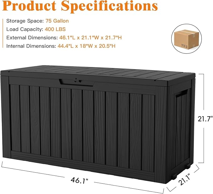 Outdoor Storage Box, 75 Gallon Waterproof Deck Boxes, Resin, Lockable Pool Deck Box for Garden Tools, Patio,Pool Accessories, Cushions, Large Delivery Boxes with Handle，Weatherproof & UV-Resistant