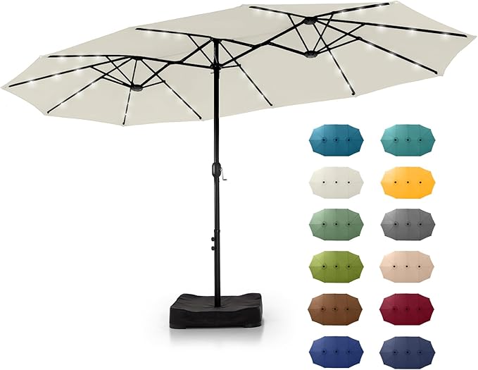 GREEN PARTY 15 ft Large Outdoor Patio Umbrella with Solar Led Lights & Base Included, Double-Sided Rectangular Table Umbrella with Stand, Market Umbrellas for Deck Poolside Garden Backyard, Ivory