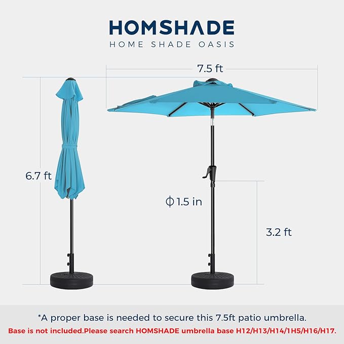HOMSHADE 7.5ft Outdoor Patio Umbrella - Market Table Pool Deck Umbrella UPF50+ UV Protection with Push Button Tilt, Crank and 6 Sturdy Ribs (Light Blue, No base)