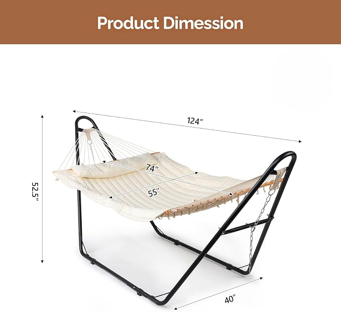 Hammock with Stand, Double-Barrel Outdoor Hammock Set with Heavy Duty Adjustable Stand, 440 lb Capacity, Portable for Patio Yard Garden, Beige
