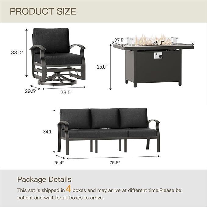 Aluminum Patio Furniture Set with 55,000 BTU Propane Fire Pit Table,5 Seats Metal Modern Outdoor Furniture w/5.1" Cushions,Patio Sectional w/Swivel Chairs for Backyard,Patio,Black