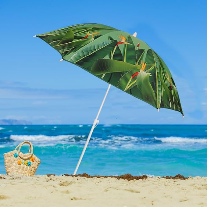 Beach Umbrella with Sand Anchor & Carry Bag, 6.5 Foot Beach Umbrella with Tilt Adjustable Pole Height, Ideal for Travel Garden Lawn, UPF 50+ (Birds of paradise)