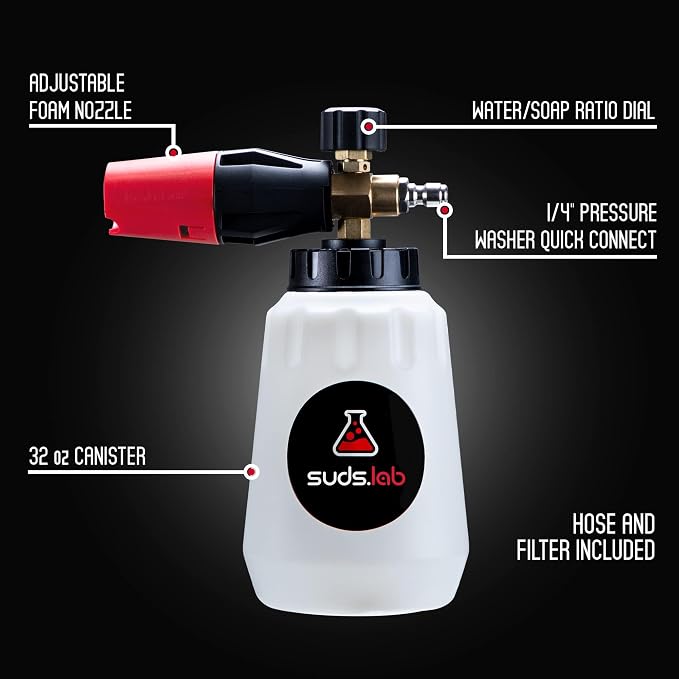 Suds Lab F1 Professional Foam Cannon with 32 Ounce Canister | Adjustable Foam Nozzle, Quick Connect Pressure Washer, Car Washing