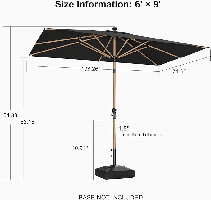 PURPLE LEAF 6' x 9' Patio Umbrella Rectangular Outdoor Table Umbrella Aluminum Market Umbrella with Push Button Tilt & 8 Sturdy Ribs and Crank for Garden Deck Patio, Black