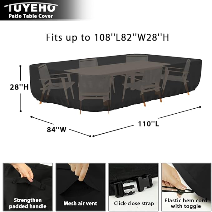 Tuyeho Patio Furniture Set Cover 110 x 84 x 28 inch, Durable Heavy Duty Oxford Fabric Outdoor Dining Set Cover, Waterproof & Weather Resistant, for Your Outdoor Rectangular Table and Chairs (Black)