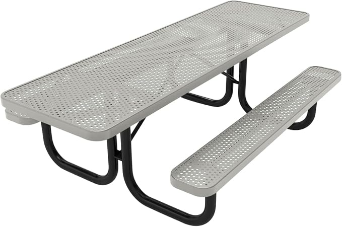 COATEDOUTDOORFURNITURE Heavy-Duty Portable ADA-Compliant Outdoor Picnic Table, Punched Steel Patio Dining Furniture Made in America (8ft Rectangular, Both-Side Handicap, Textured Grey)