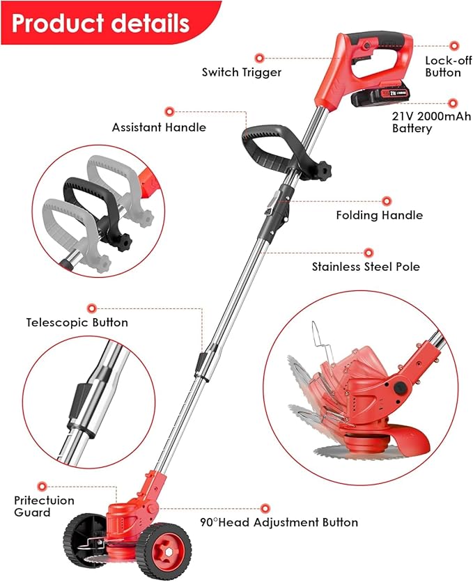 Cordless Weed Wacker, Weed Eater String Trimmer with Wheels, Electric Weed Eater with 2 x 24V Batteries and Charger, Stringless Grass Trimmer/Edger Lawn Tool for Garden Yard Lawns